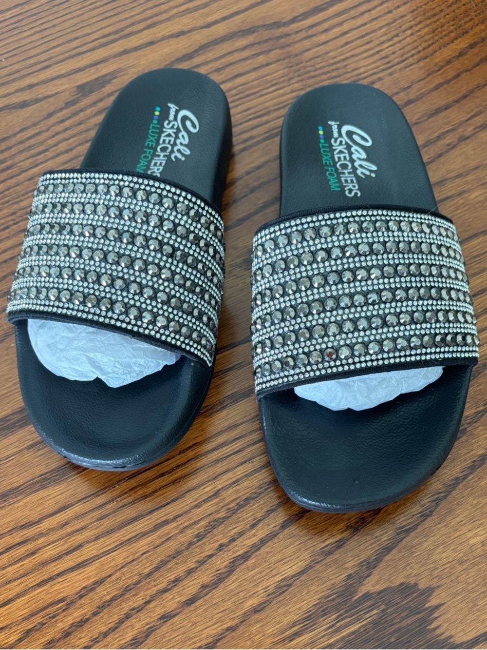 Skechers Black Rhinestone-Embellished Slide Sandals